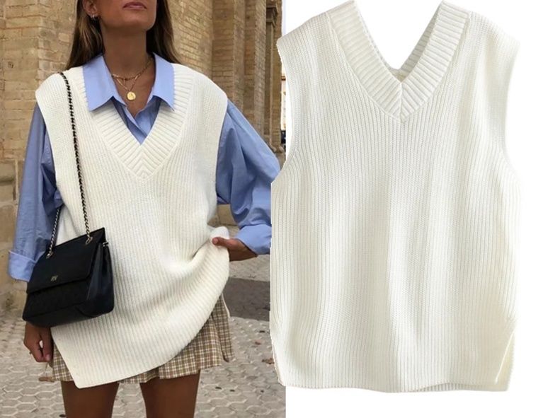 白コーデ リブ編みニットベスト袖なしプルオーバー