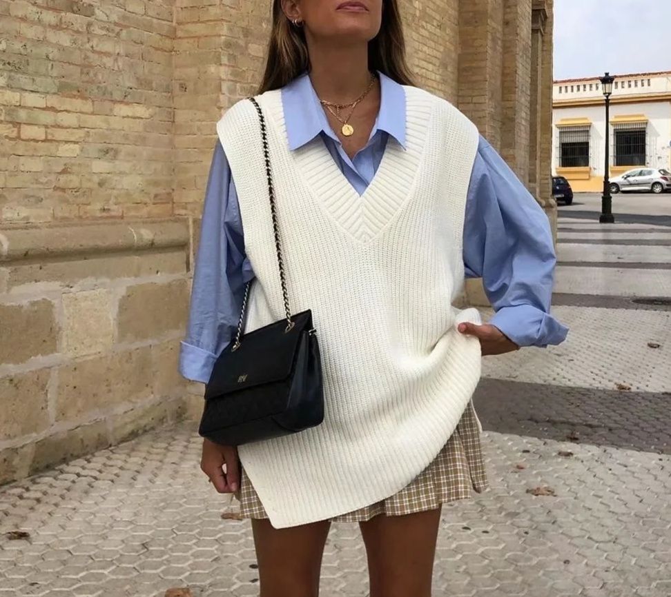 白コーデ リブ編みニットベスト袖なしプルオーバー