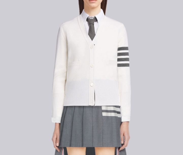 白コーデ ストライプ袖飾り学院風カーディガン