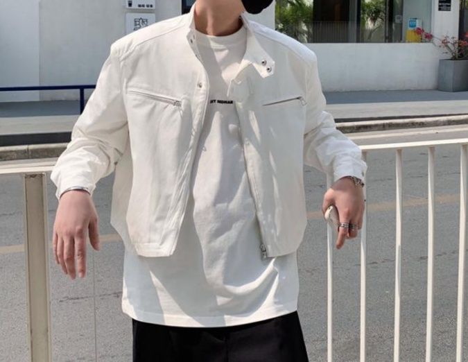 白コーデ 白コーデ モダンスタイル スタンドカラージャケット