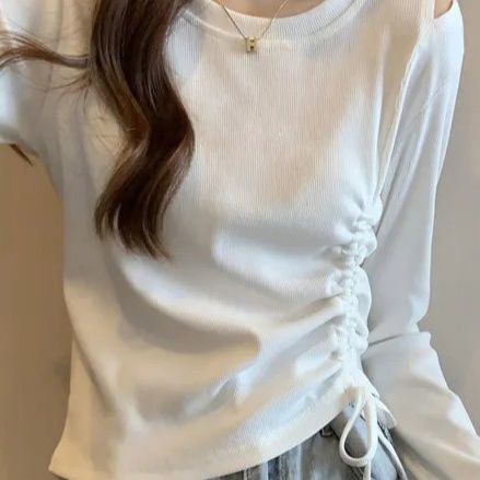 白コーデ 新作レディースニットプルオーバー長袖サイドドロスト白トップス