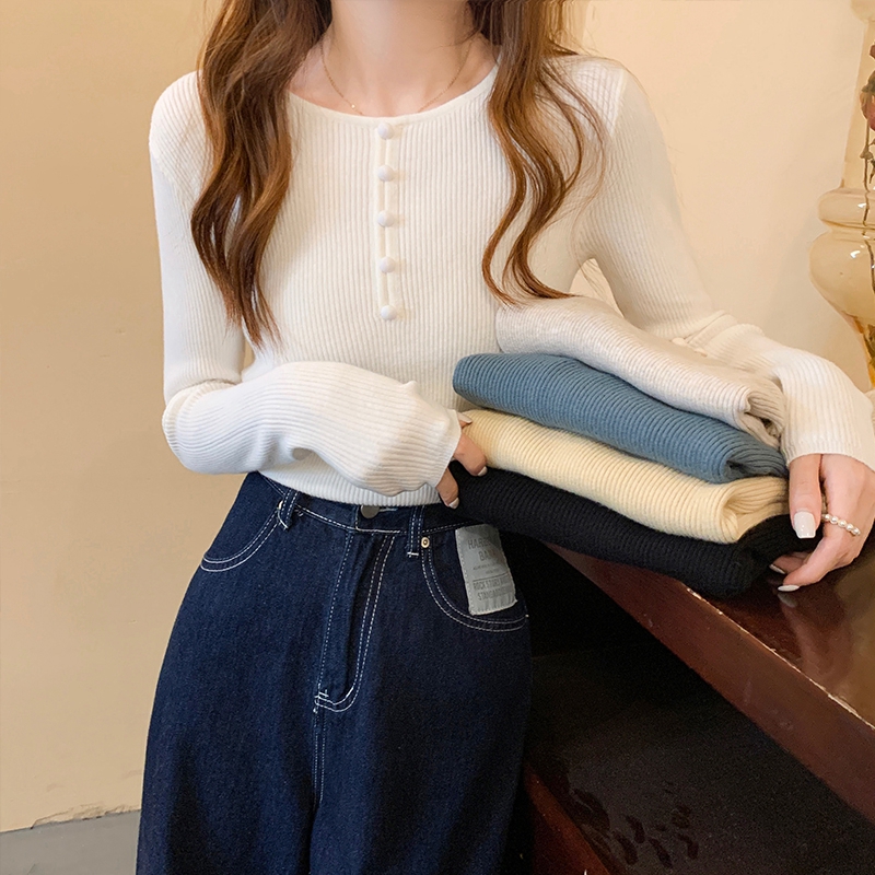 白コーデ フロントボタンリブニット長袖トップス☝️