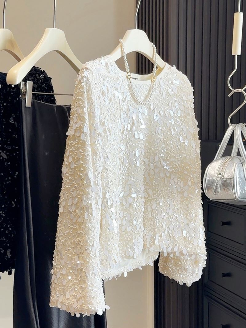 白コーデ きらきらスパンコール長袖トップス韓国風レディース