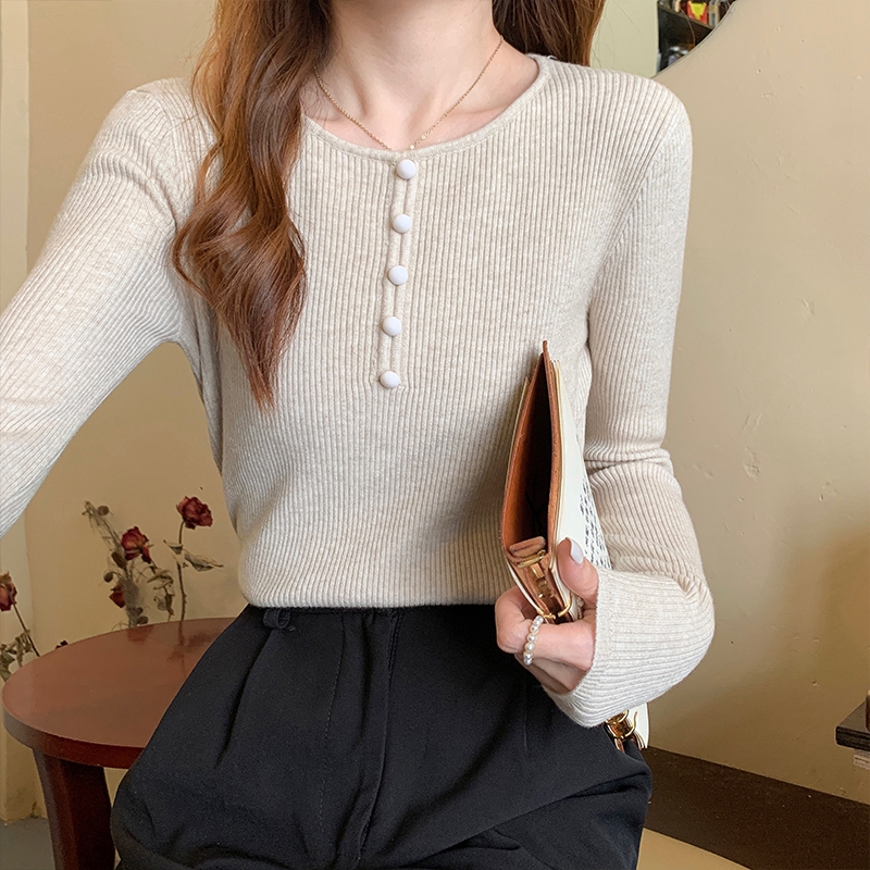 白コーデ フロントボタンリブニット長袖トップス☝️