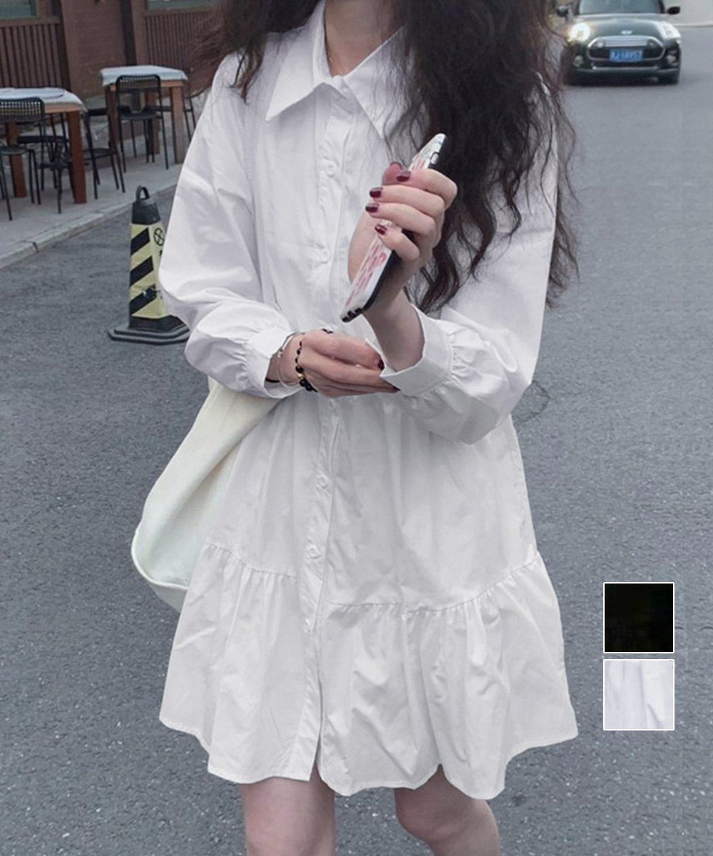 白コーデ ティアード段フリルシャツワンピース