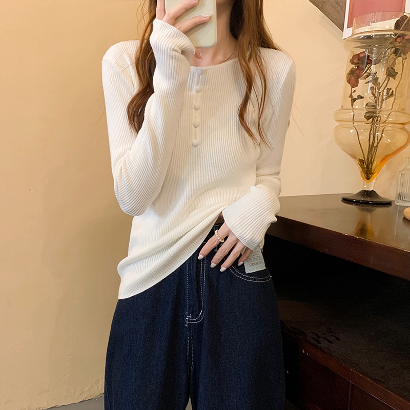 白コーデ フロントボタンリブニット長袖トップス☝️