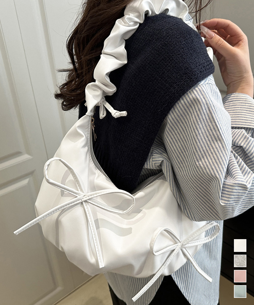 白コーデ 可愛いリボン付き三通り肩掛け鞄 その他小物