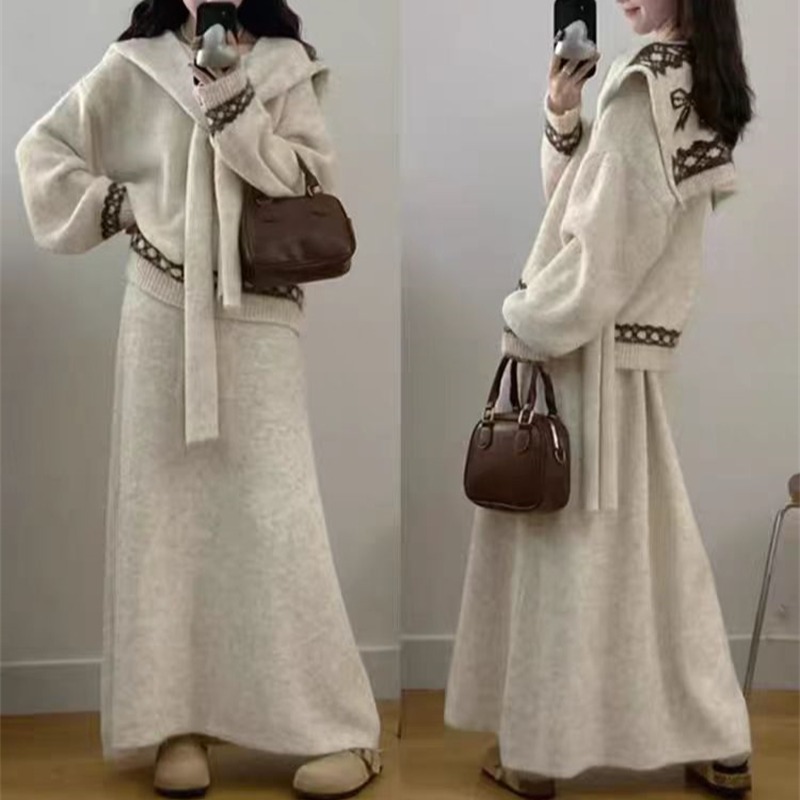 白コーデ 今季必見おしゃれニットセーターワンピースセット