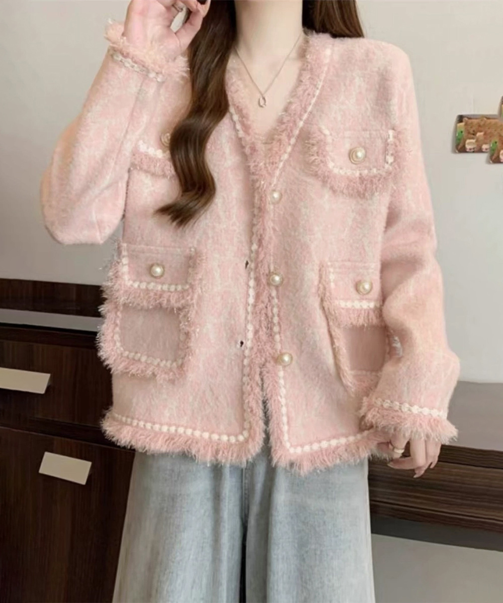 白コーデ ツイード風フリンジニットジャケット上品レディース