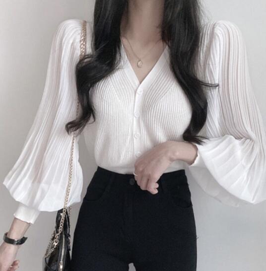 白コーデ 気質溢れるシフォン切り替えブイネックカーディガン