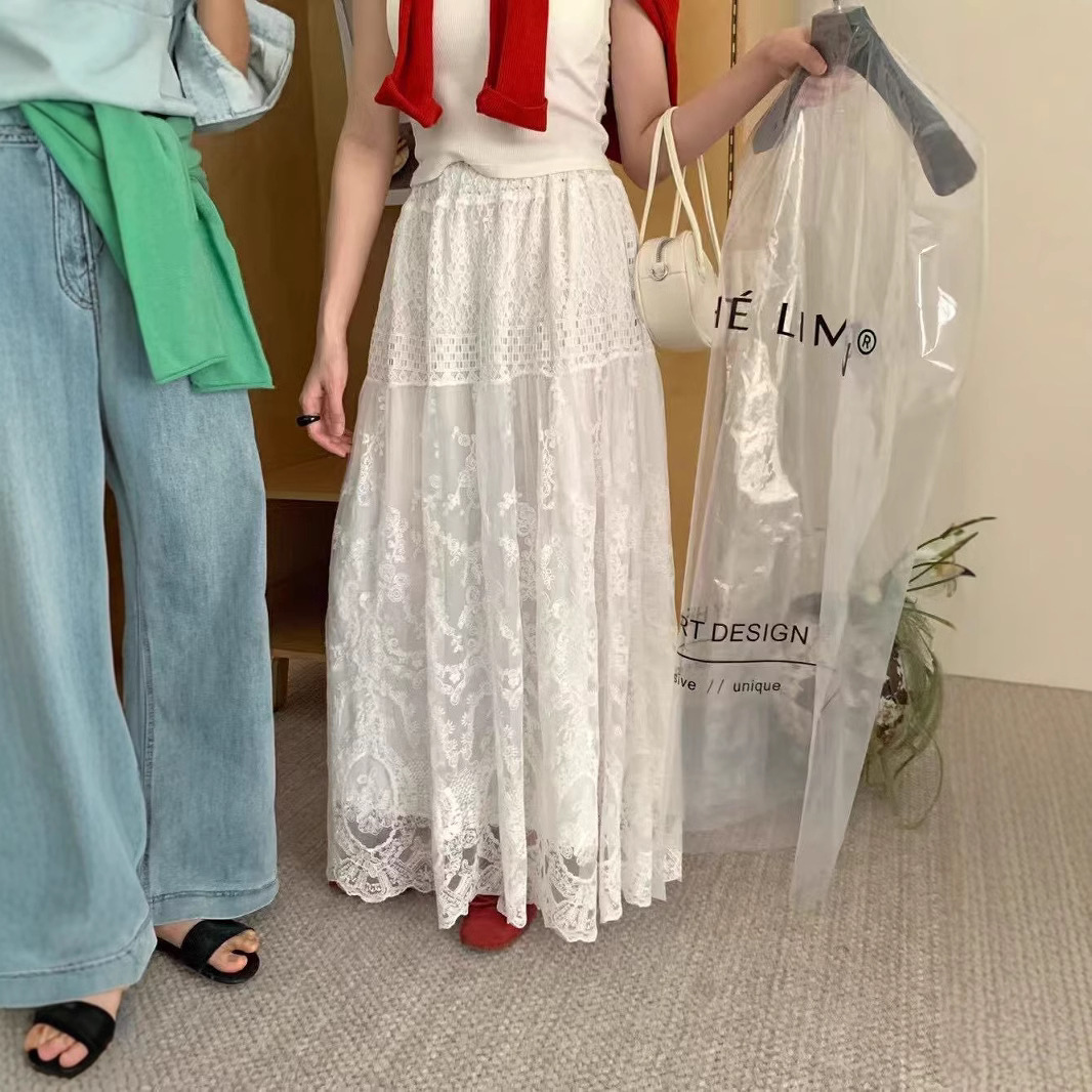 白コーデ 上品レース刺繍ロングスカート白色レディース