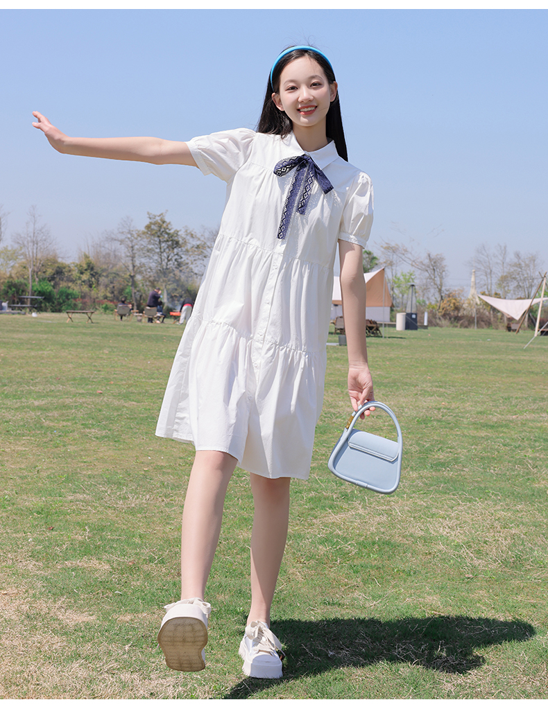 白コーデ リボン付きティアードワンピース