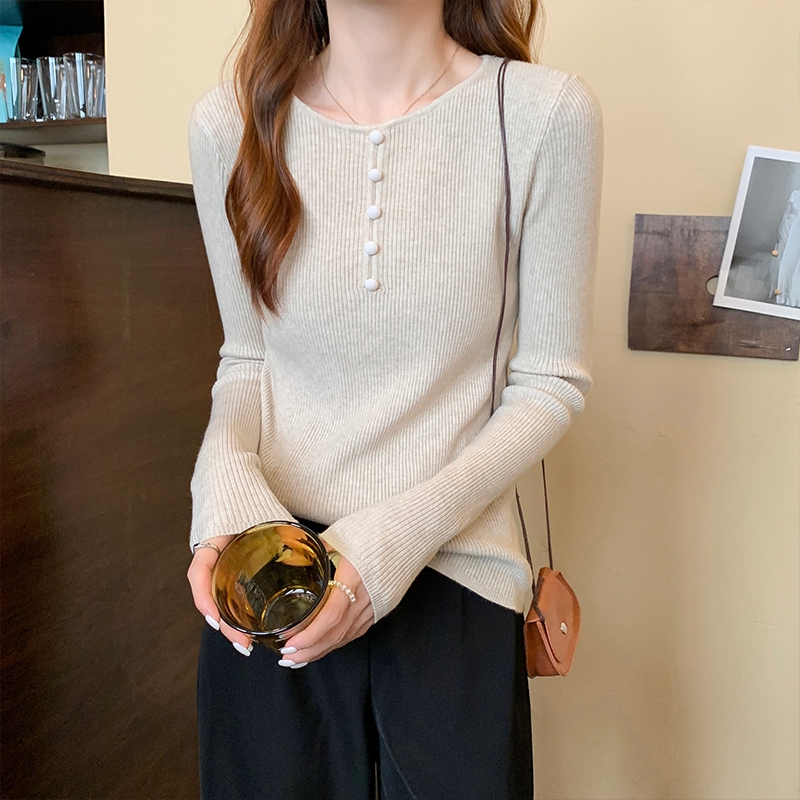 白コーデ フロントボタンリブニット長袖トップス☝️