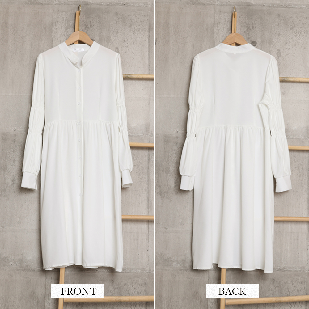 白コーデ 白シャツワンピース長袖フェミニンボリューム袖