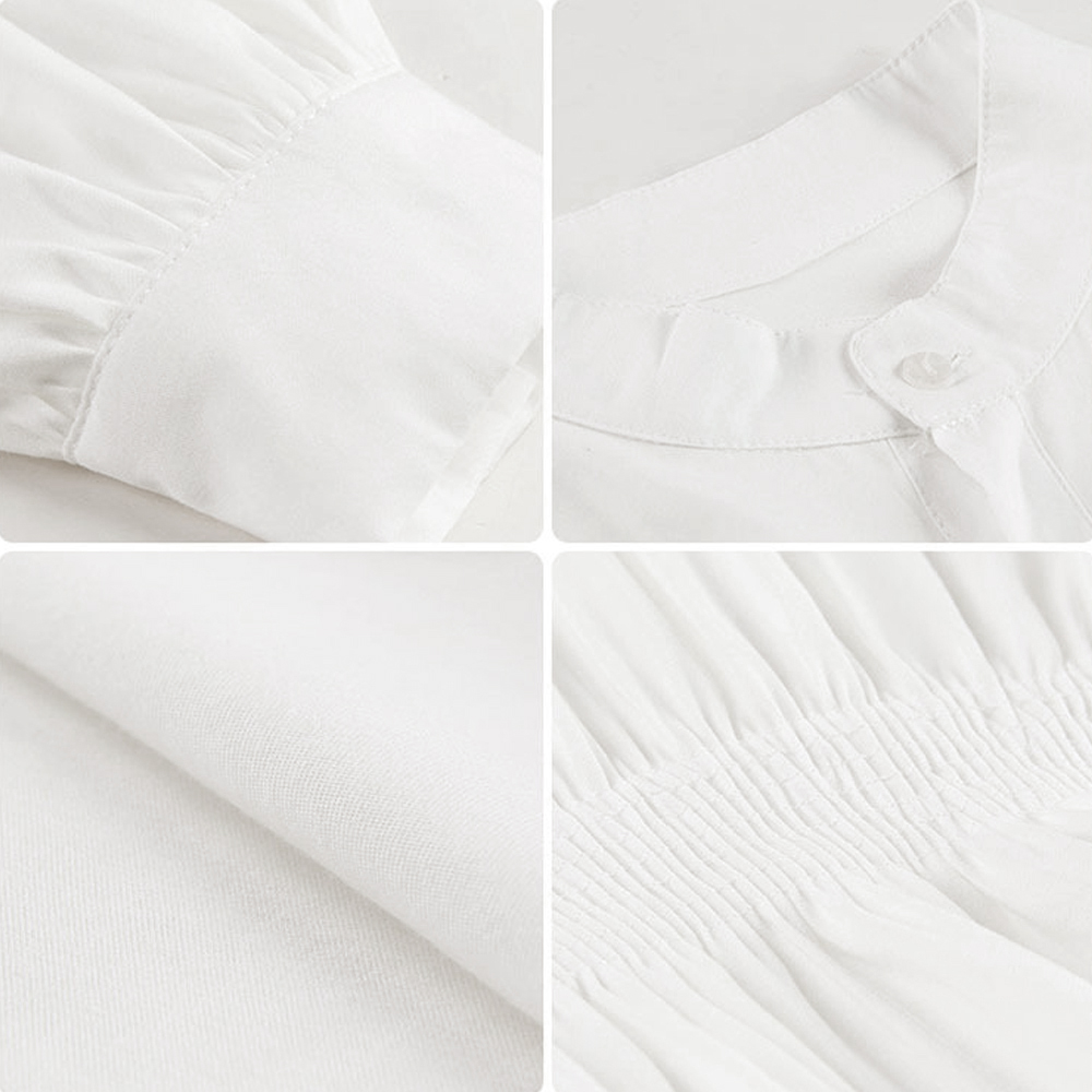 白コーデ 韓国風シャツワンピース 長袖ギャザーワンピ