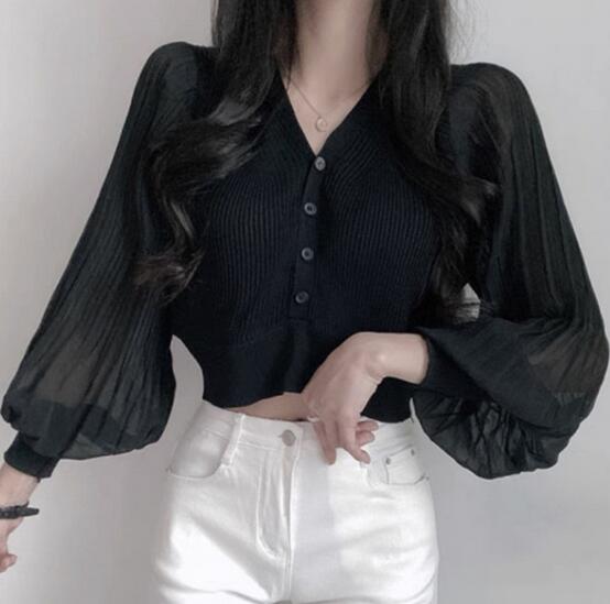 白コーデ 気質溢れるシフォン切り替えブイネックカーディガン