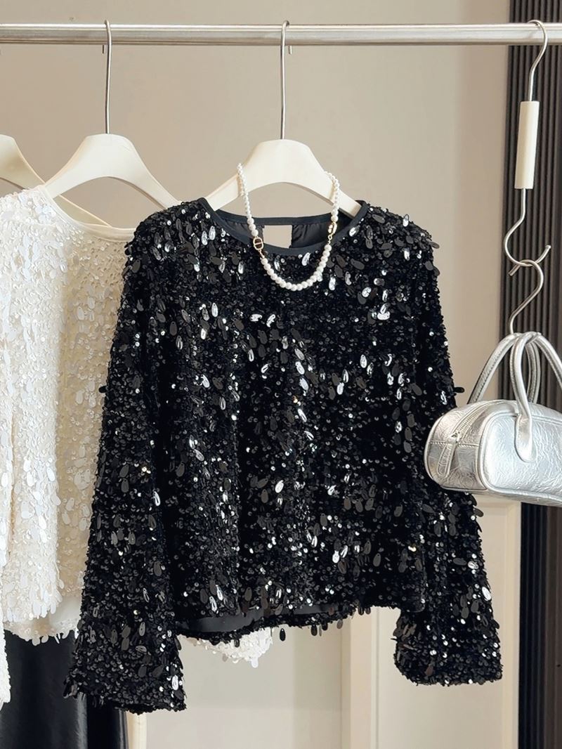 白コーデ きらきらスパンコール長袖トップス韓国風レディース