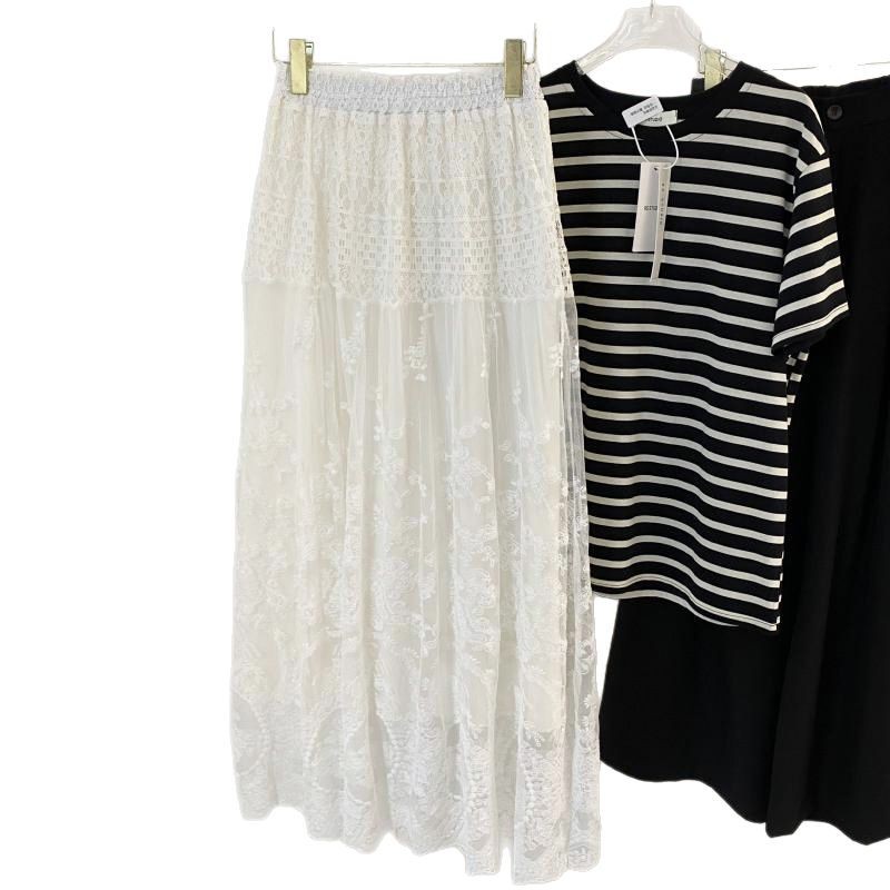 白コーデ 上品レース刺繍ロングスカート白色レディース