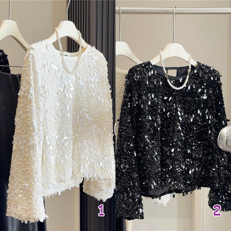 白コーデ きらきらスパンコール長袖トップス韓国風レディース