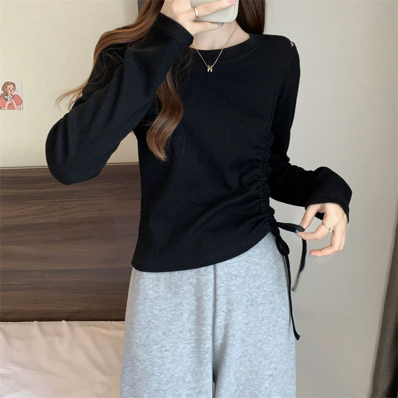 白コーデ 新作レディースニットプルオーバー長袖サイドドロスト白トップス