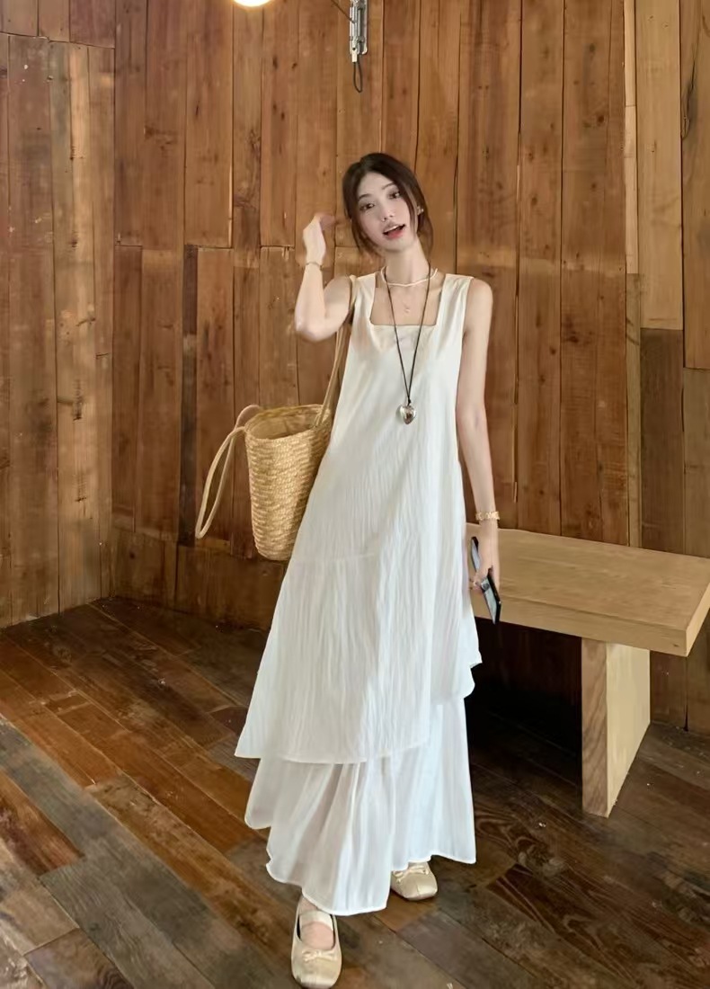 白コーデ 重ね仕立て優美ノースリーブワンピース