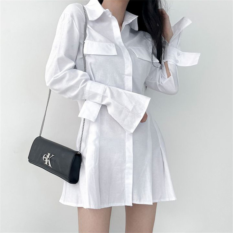 白ワンピース トレンド白シャツワンピース スリムカジュアル