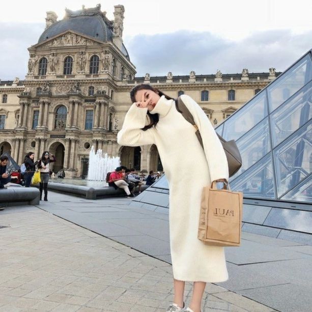 白ワンピース  白ニットハイネック長袖ロングワンピース