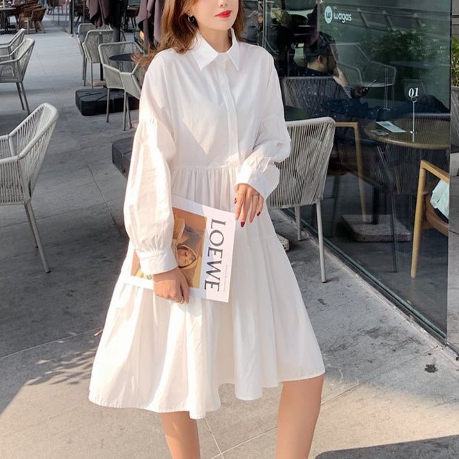 白ワンピース ふんわりティアードシャツワンピース