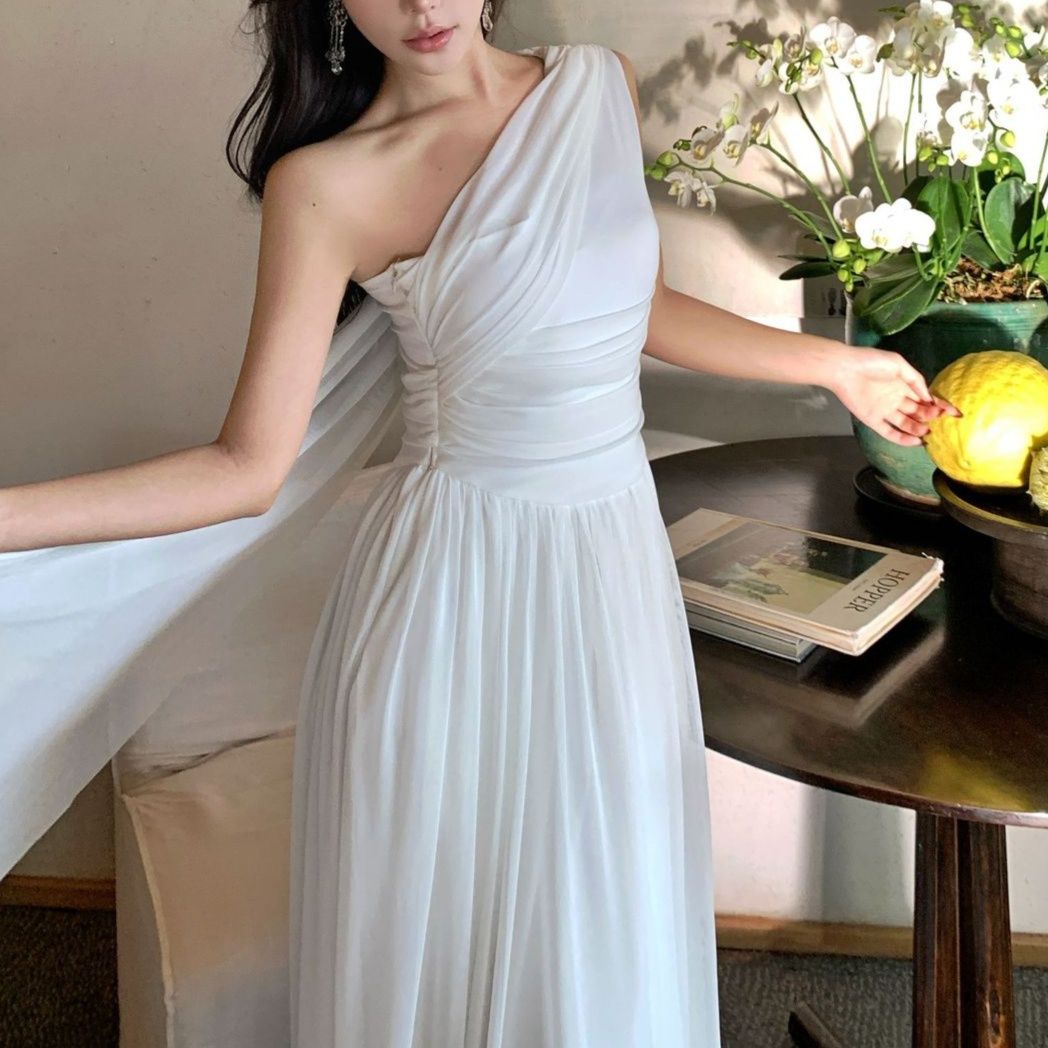 白ワンピース アシンメトリー シアーロングドレス