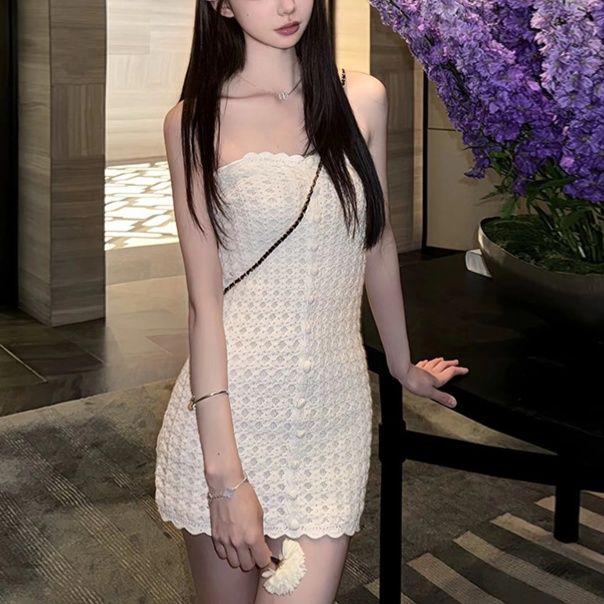 白ワンピース レース編みミニワンピース
