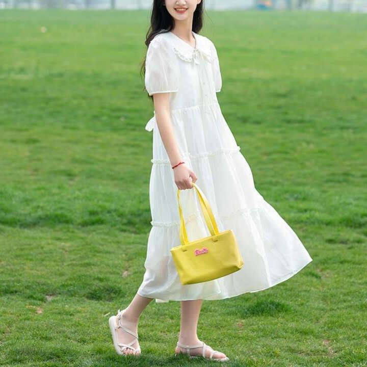 白ワンピース フリルカラーティアードワンピース