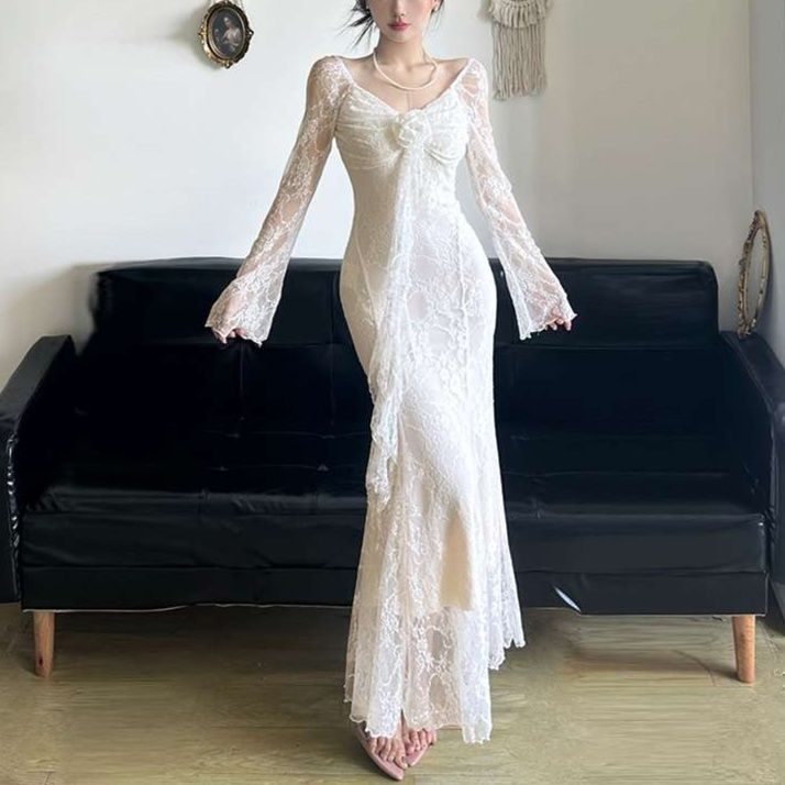 白ワンピース レースマーメイドドレス