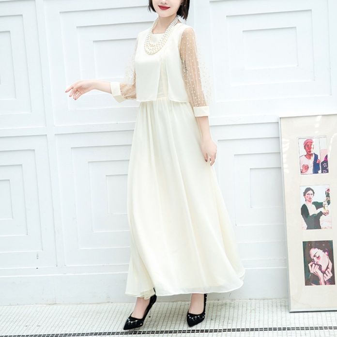 白ワンピース シアー袖パール飾りロングワンピース