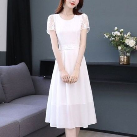 白ワンピース レース袖付きミモレ丈華やかワンピース