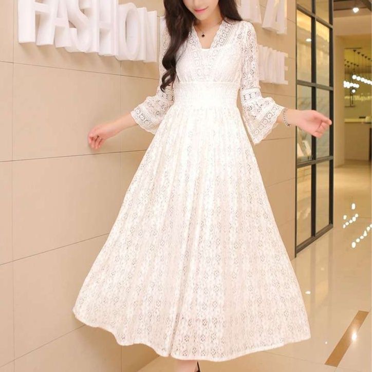 白ワンピース 花柄レース 七分袖 シースルー フレアワンピース