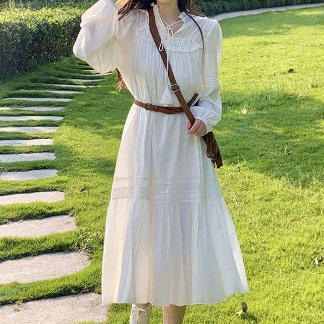 白ワンピース ヴィンテージレース ティアードワンピース