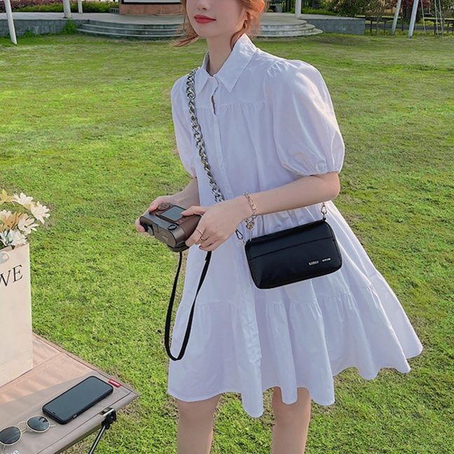 白ワンピース ティアードフリル パフ袖ワンピース