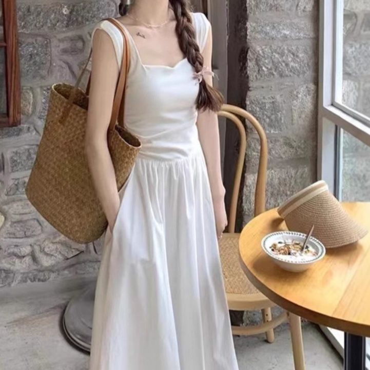 白ワンピース シンプル優美ギャザーワンピース