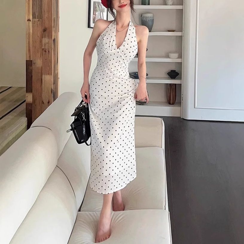 白ワンピース ドットホルターネックミモレワンピース
