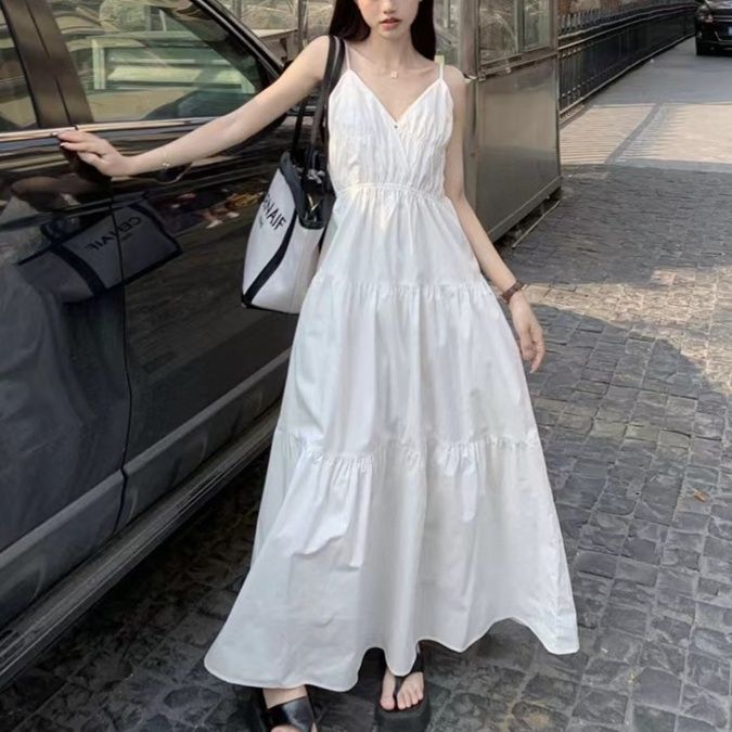 白ワンピース バックリボン ティアード キャミワンピース