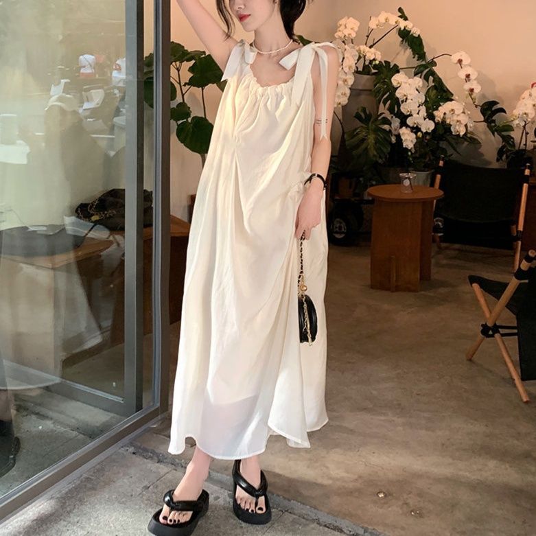 白ワンピース リボンデザイン ミモレワンピース