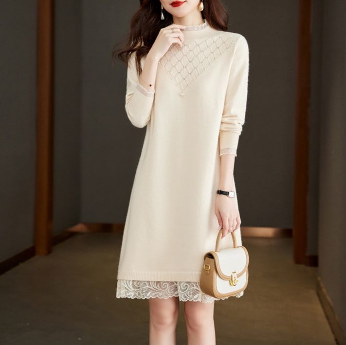 白ワンピース レースハイネックニットワンピース