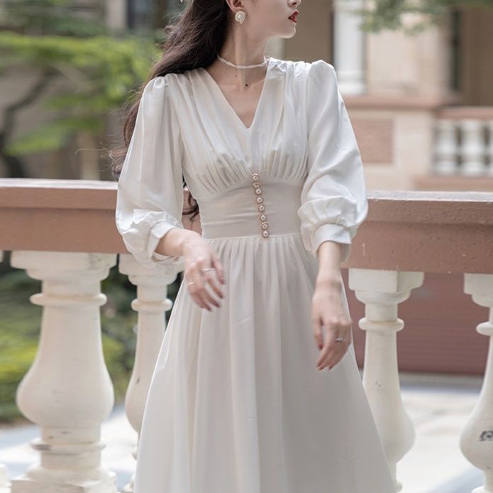 白ワンピース パール 袖付きロングワンピース