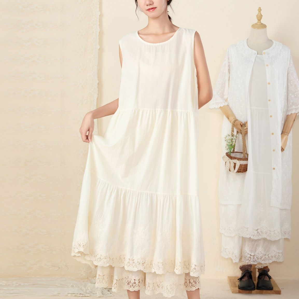 白ワンピース レース裾切替ミモレ丈リゾートワンピース