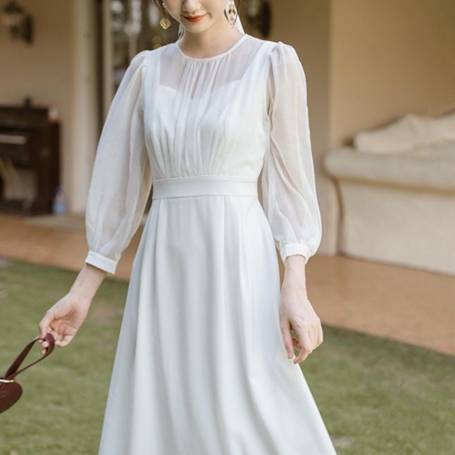 白ワンピース 袖付きシアー素材ミモレワンピース