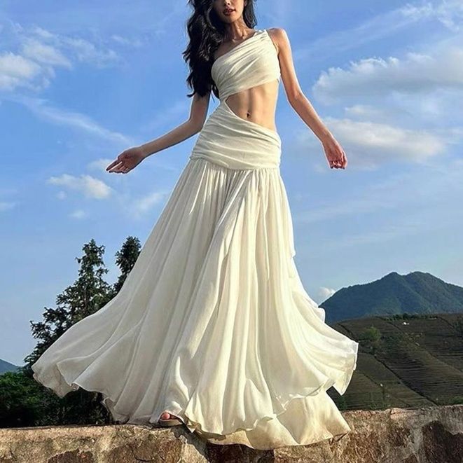 白ワンピース カットアウトデザイン シフォン マキシワンピース