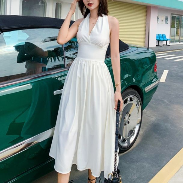 白ワンピース ドレープホルターネックミモレワンピース