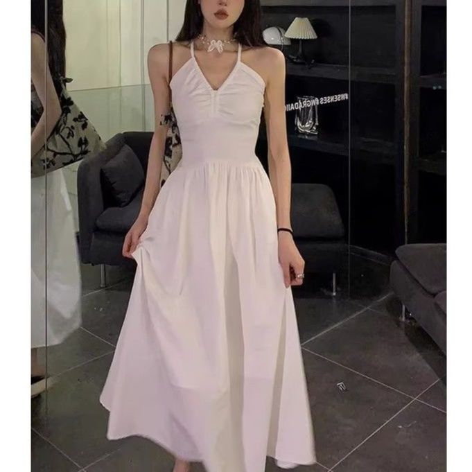 白ワンピース シンプルホルターネックマキシワンピース