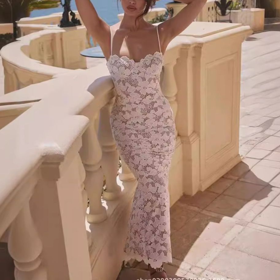 白ワンピース 優美な総レース コルセット風マキシワンピース