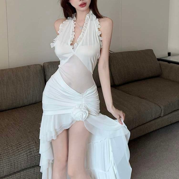 白ワンピース フリルデザイン セクシーロングドレス